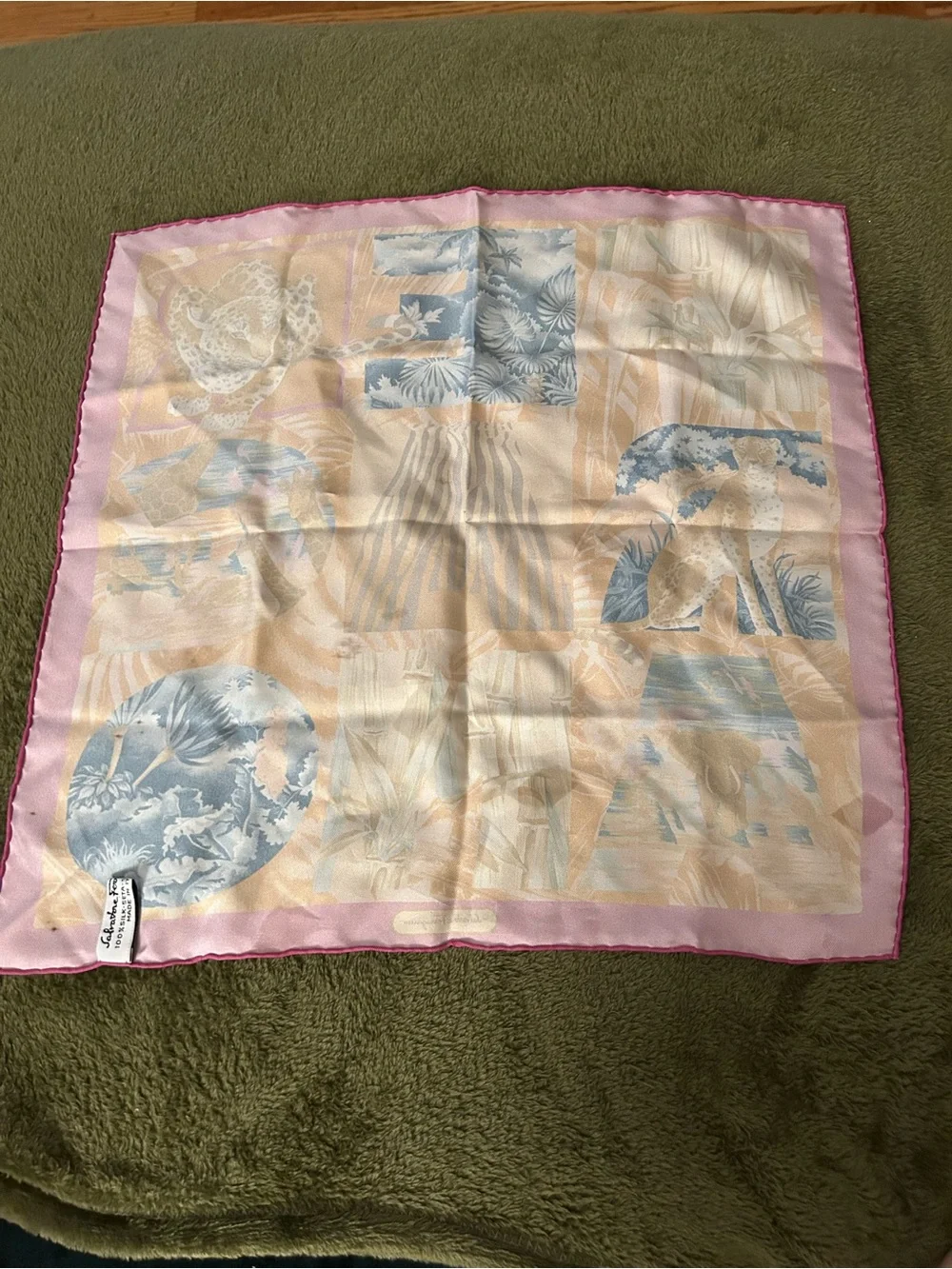 Salvatore Ferragamo Silk Animal Print Square Scarf Pink Border 16x16